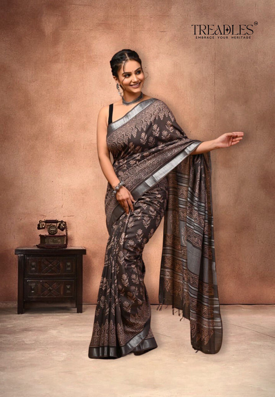 GREY LINEN COTTON HANDBLOCK PRINT (TW023)