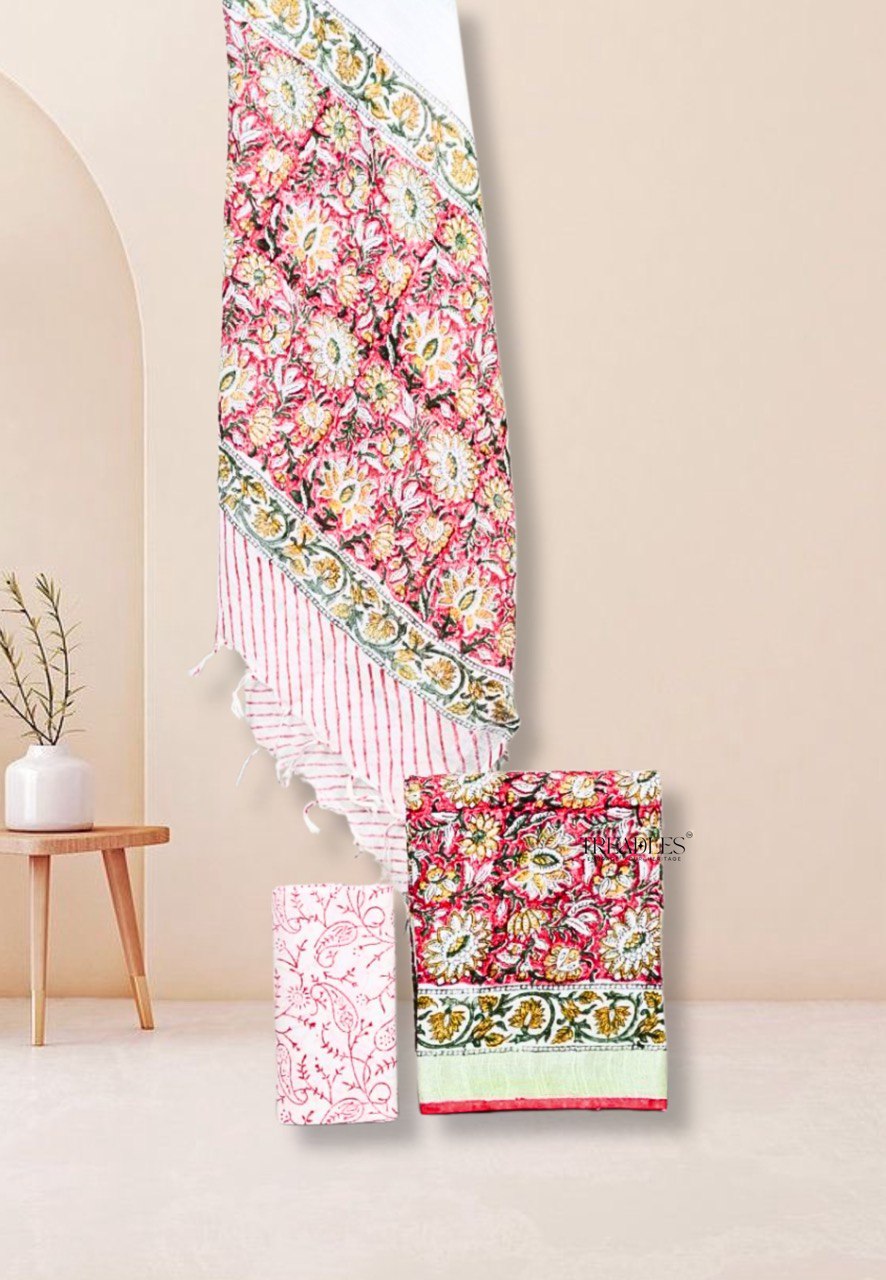 Pink with Floral printed Linen Suit Set