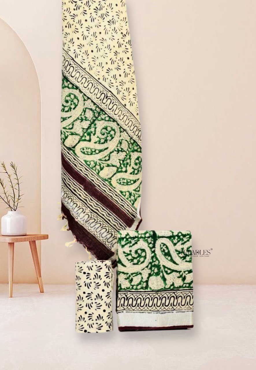 Green with Paisley printed Linen Suit Set