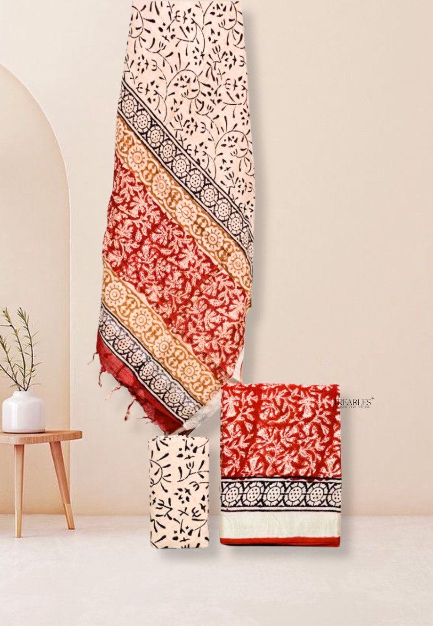 Red Floral printed Linen Suit Set