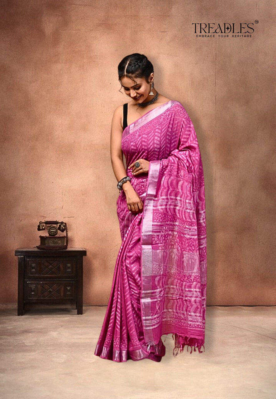Cotton Linen Saree Dark Pink TW025