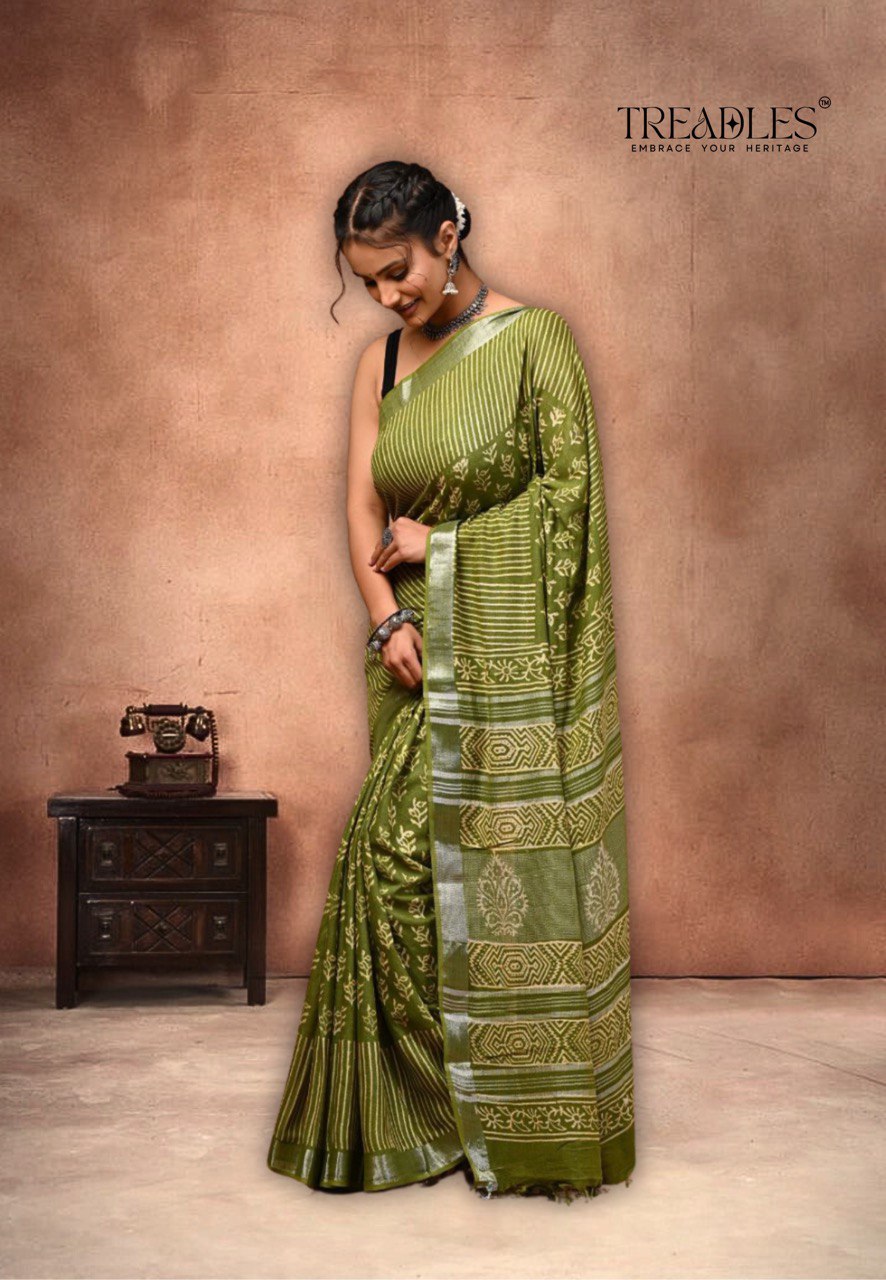 Linen Cotton Sarees Green TW024