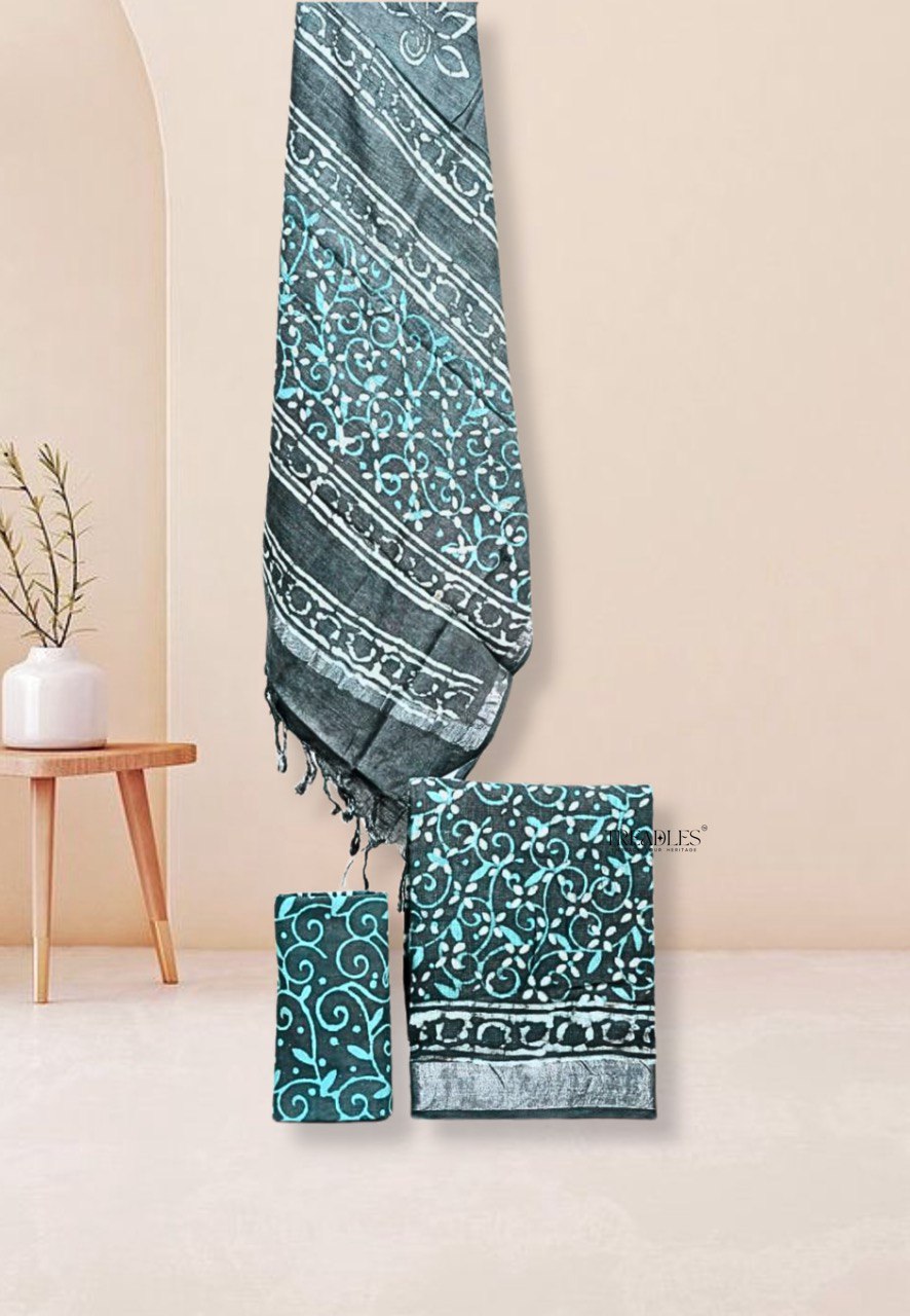 Grey with Turquoise print Linen Suit Set