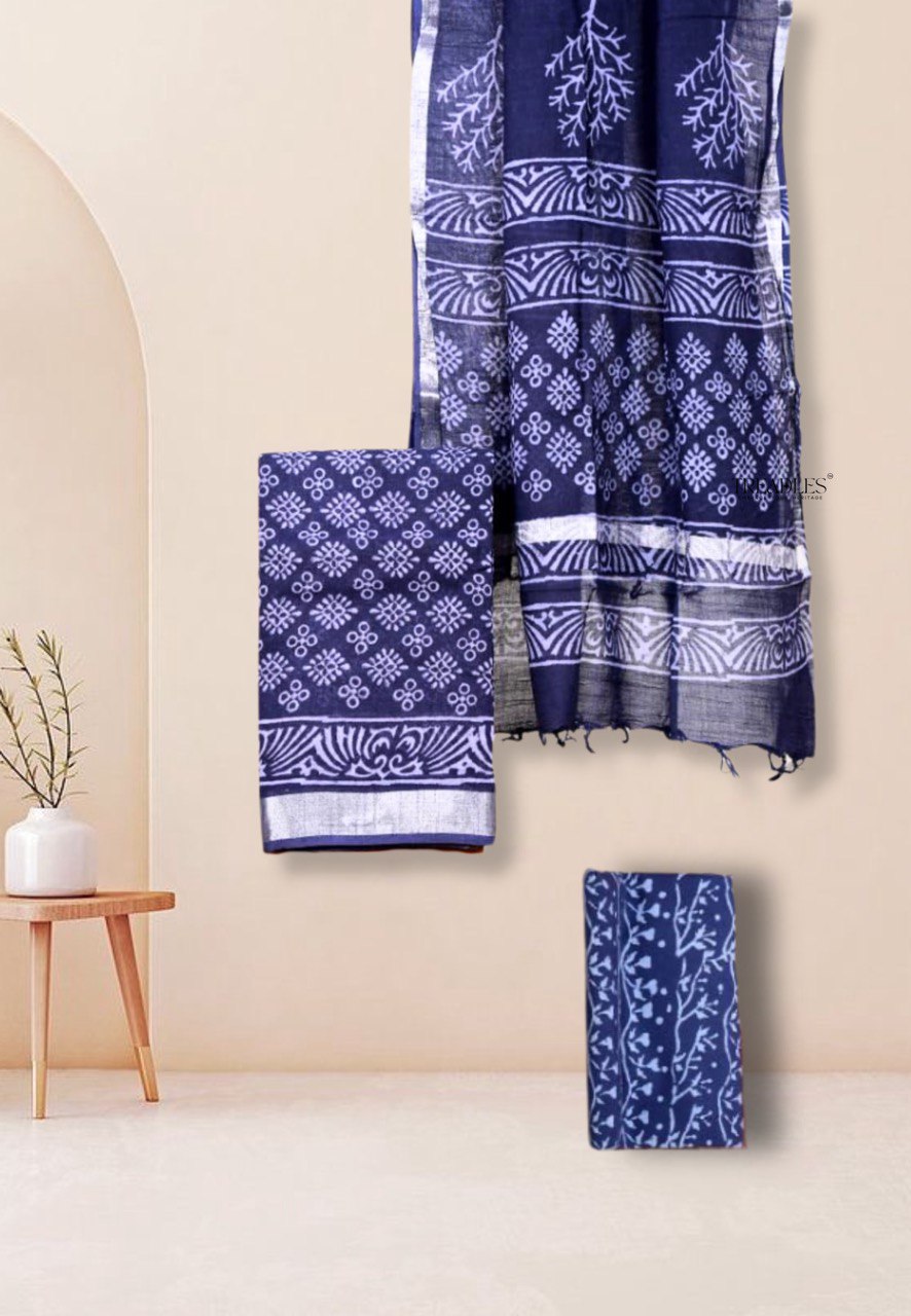 Navy with Light Grey printed Linen Suit Set