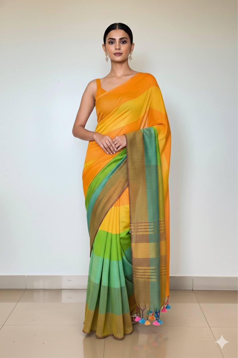 Handloom Multi Coloured Strip Cotton Saree