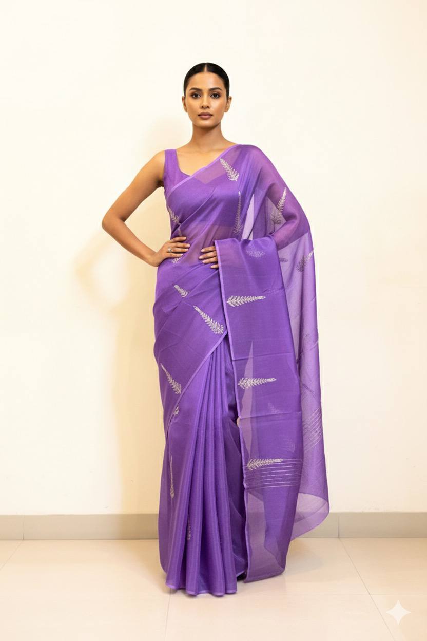 Light Violet Print Viscose Organza Saree