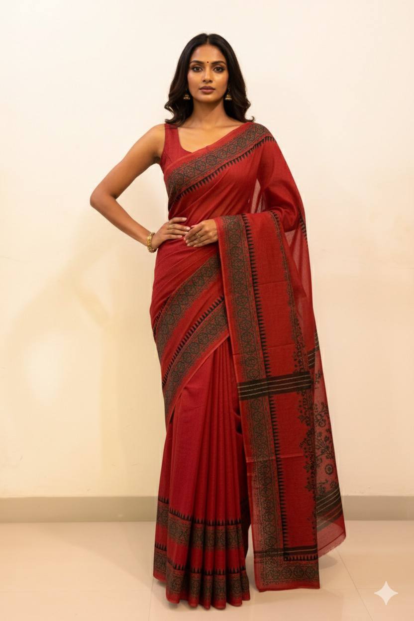 Fire Engine Red Mulmul Saree