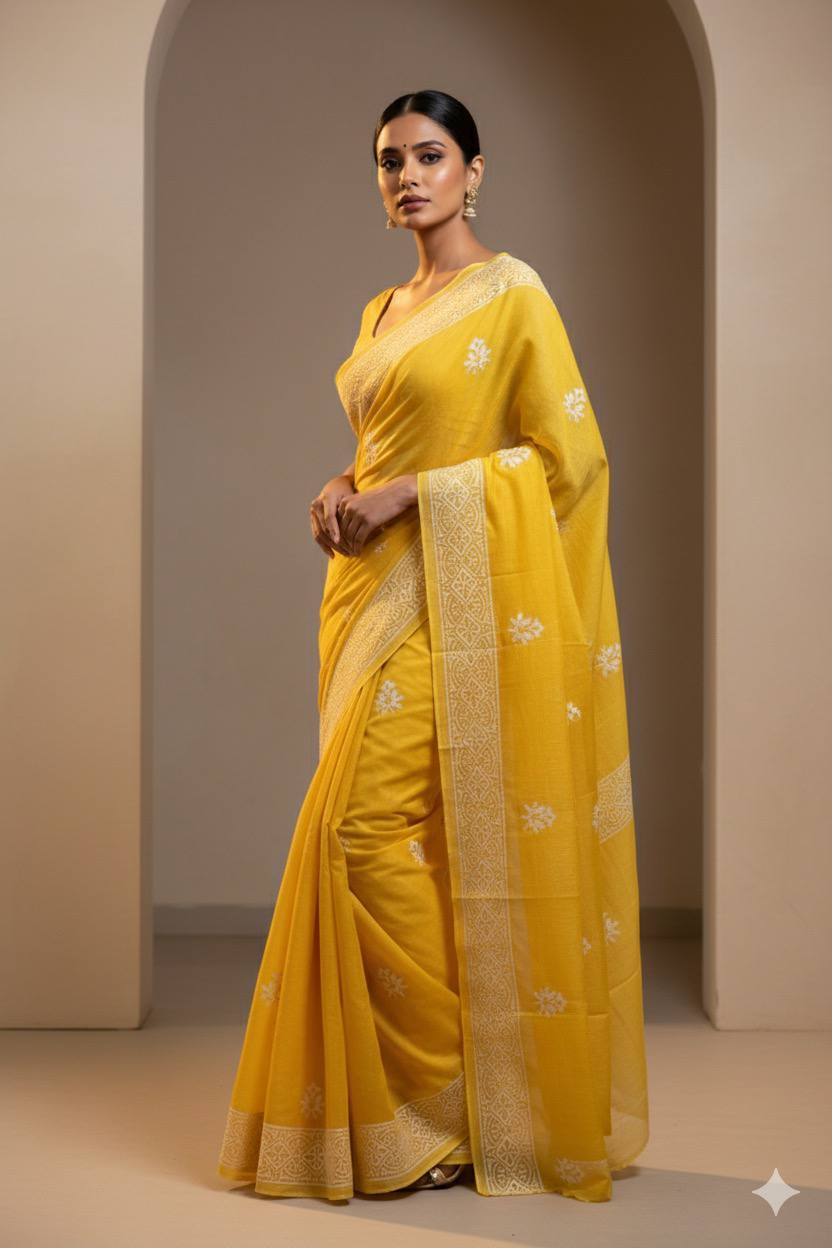 Lemon Yellow Mulmul Saree