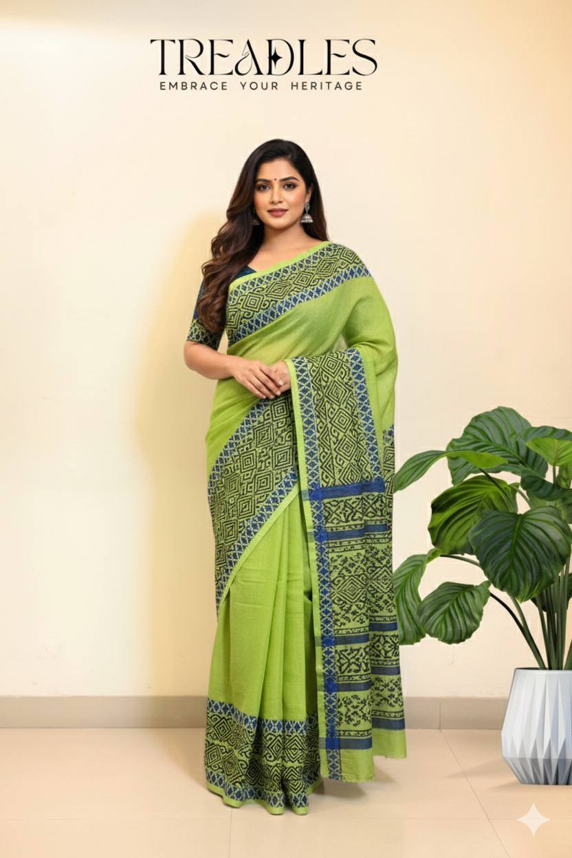 Parrot Green Mulmul Saree